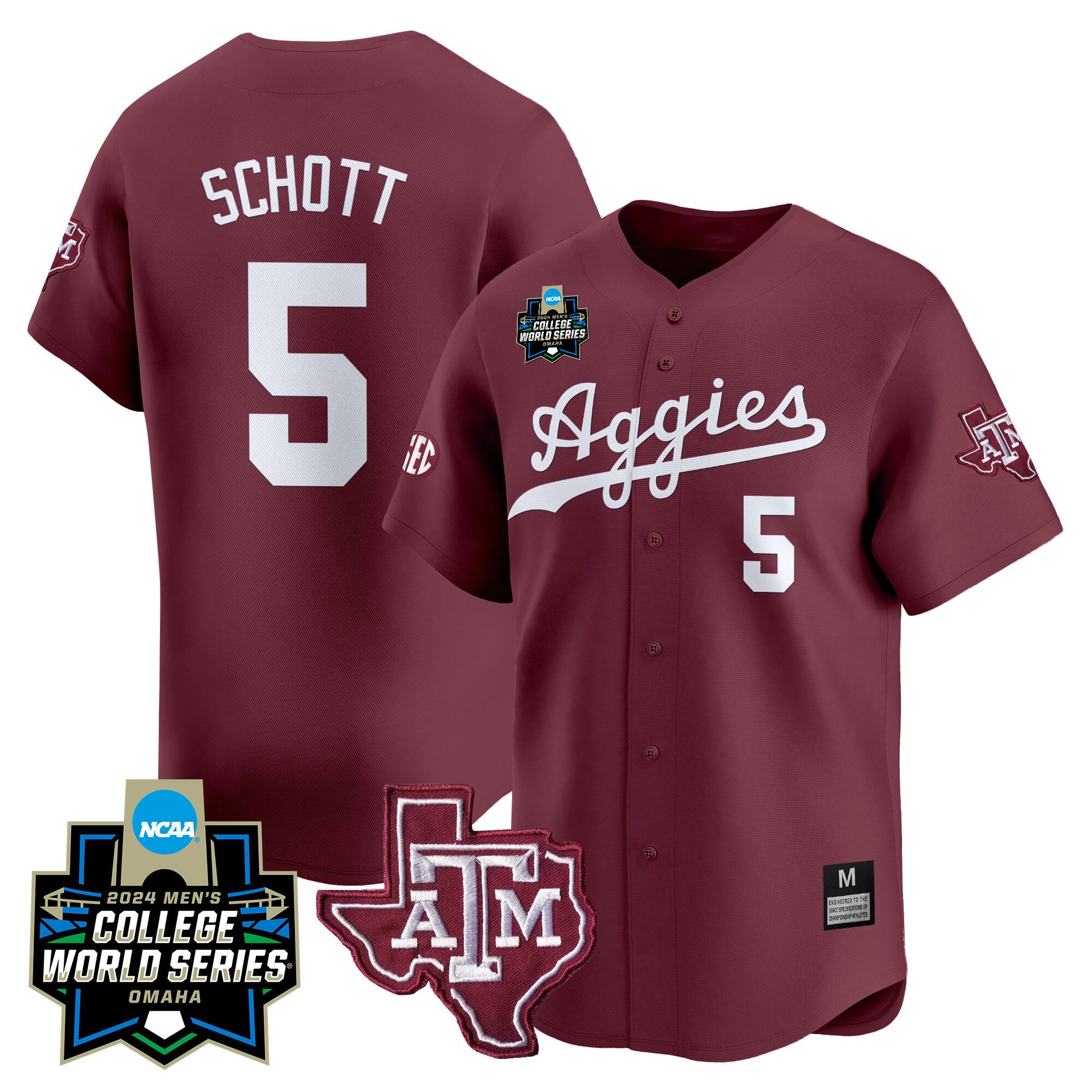 Men Texas A&M Aggies #5 Schott Red 2024 College World Series Vapor Premier Limited NCAA Jersey
